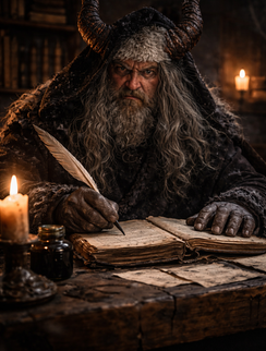 Elderly man with a long beard writing in an old book with a quill