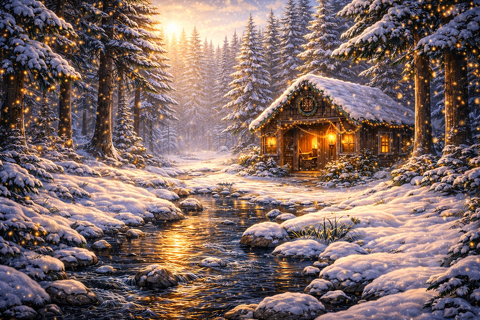 Glowing cabin in snowy forest by a stream at sunset