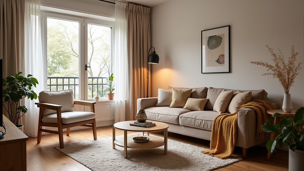 Eye-level view of a cozy Airbnb living room with stylish decor