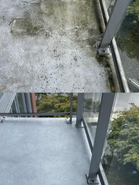 Before and after balcony cleaning, showing a balcony covered with algae, moss, dirt, and grime at the top and the cleaned balcony at the bottom.