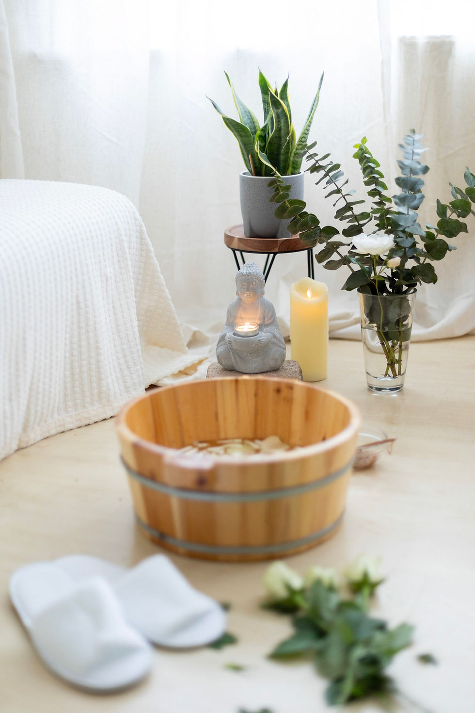 Silvia's set up before a reflexology therapy.