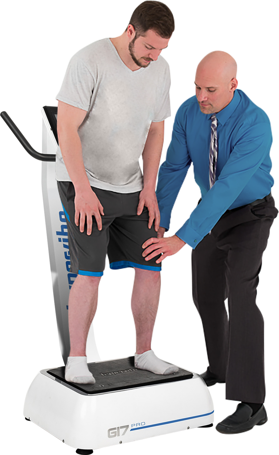 Figure 1: A Hypervibe side-alternating platform, published with permission. Note the “softened”, slightly bent knees. The user would normally face the stand.
