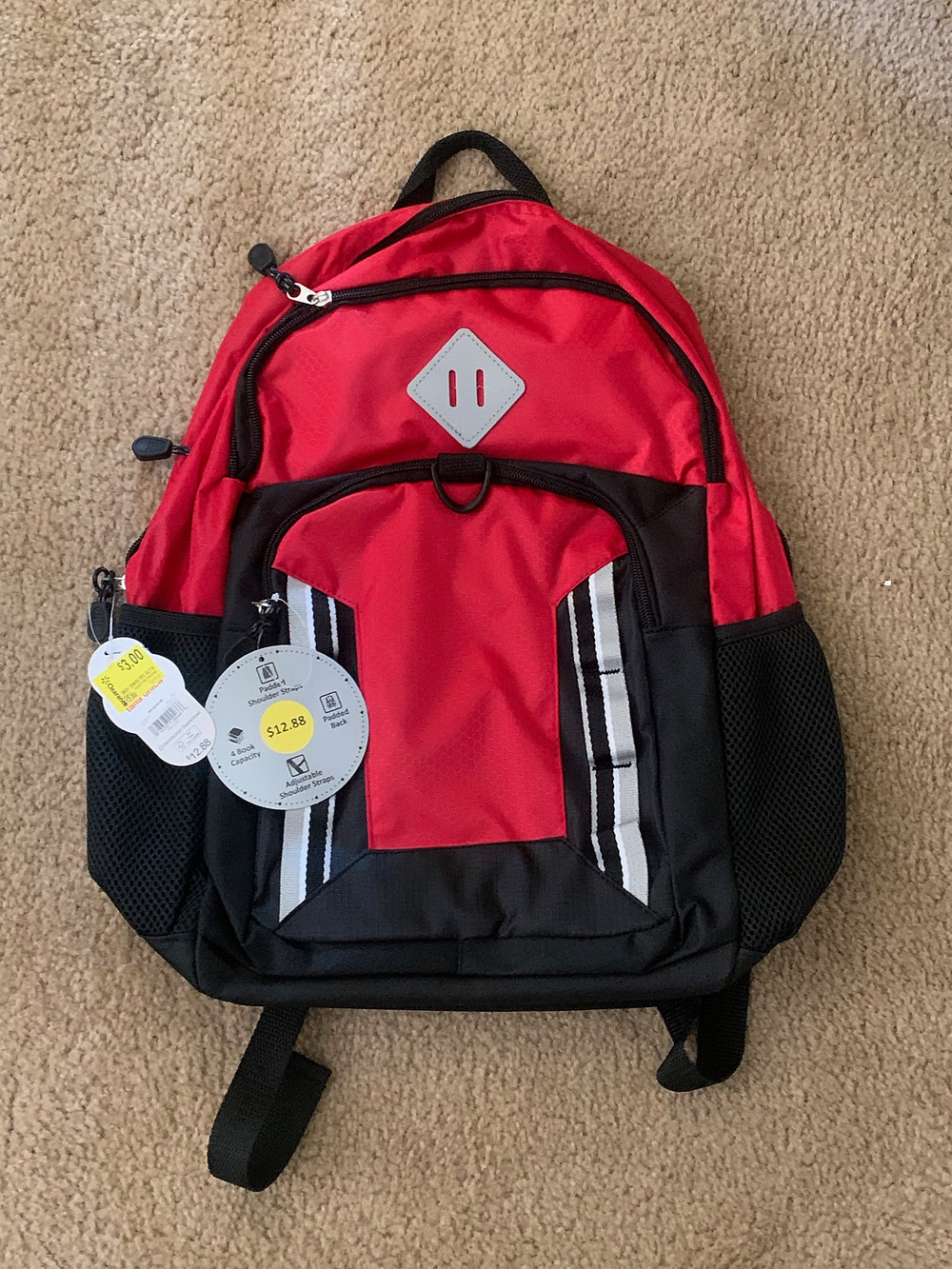 Red backpack for emergency prep grab and go bag
