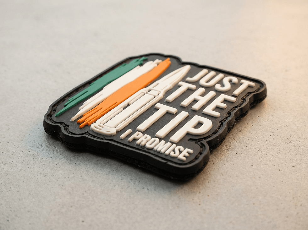 Thumbnail: PVC/rubber morale patch features a bold, humorous slogan “Just the Tip, I Promise” paired with a striking missile graphic