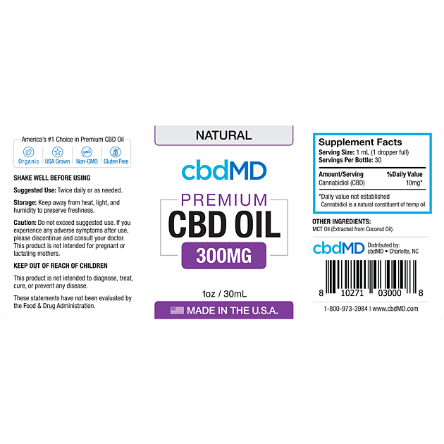 Thumbnail: cbdMD - CBD Oil Drops - Broad-Spec/THC-Free 30ml 300mg - Natural
