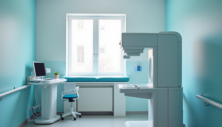 Eye-level view of a medical professional preparing a mammogram machine in a clinic room