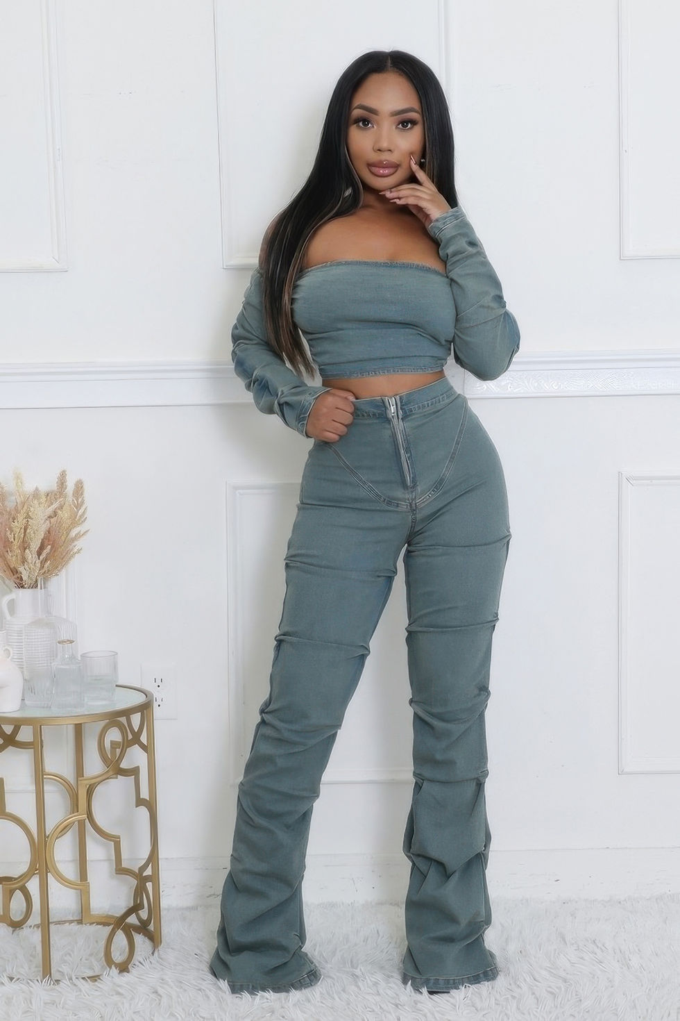 Thumbnail: Denim Off The Shoulder Stretch Pant Set