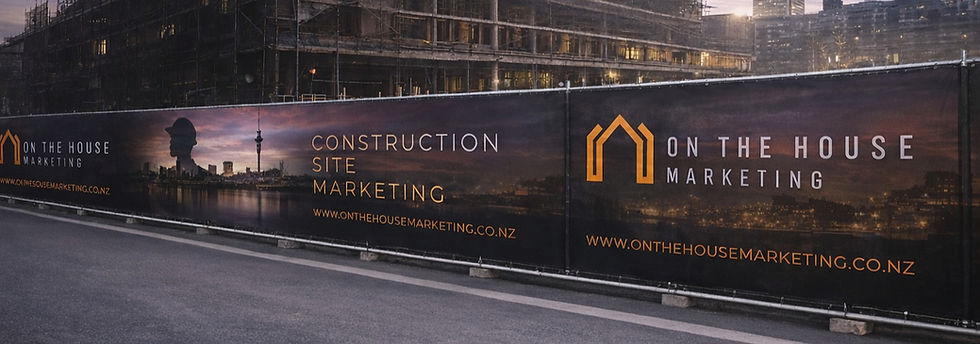 On The House Marketing branded outdoor advertising wrap on high-visibility construction site with Auckland Sky Tower