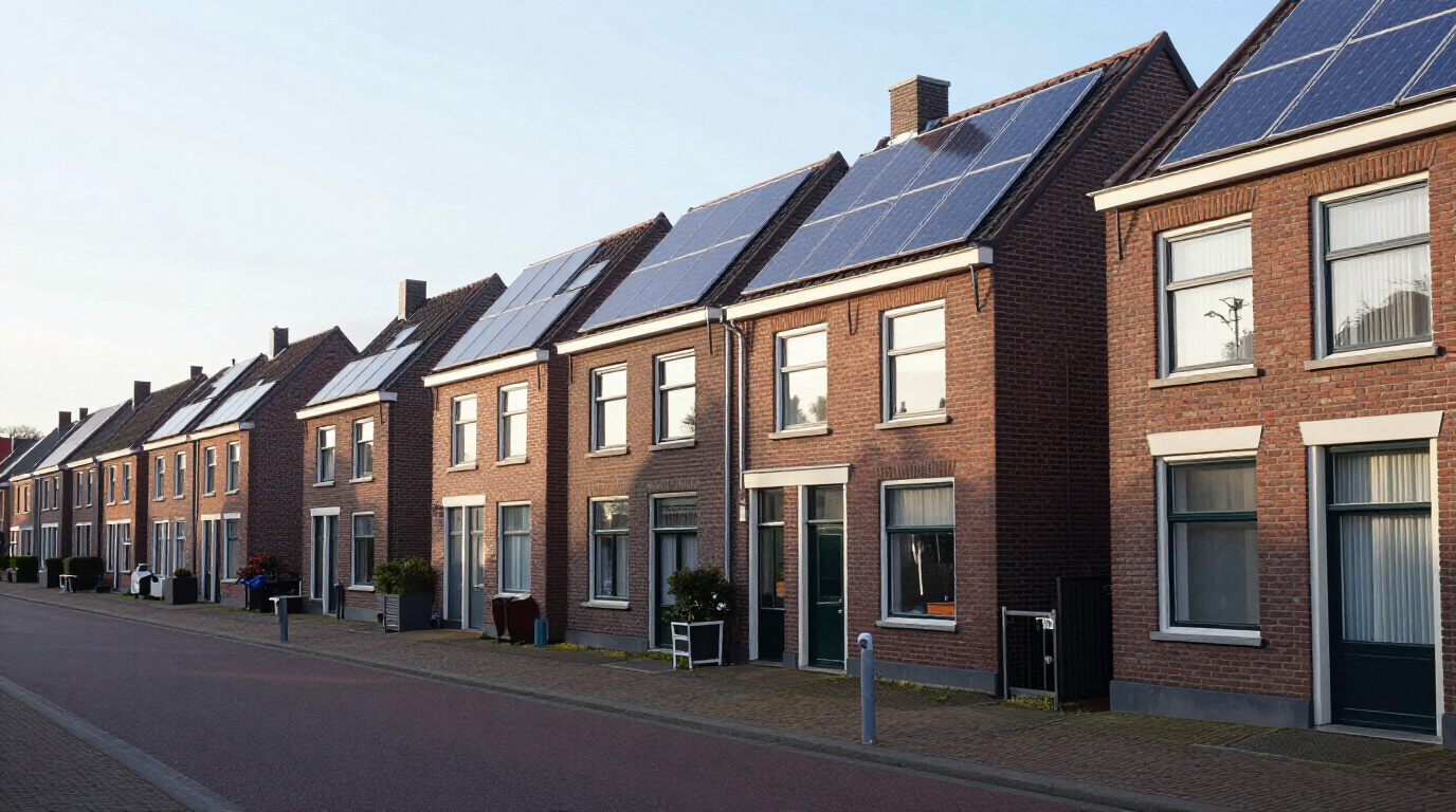 Rij bakstenen woningen met zonnepanelen op het dak aan een Nederlandse straat in ochtendlicht