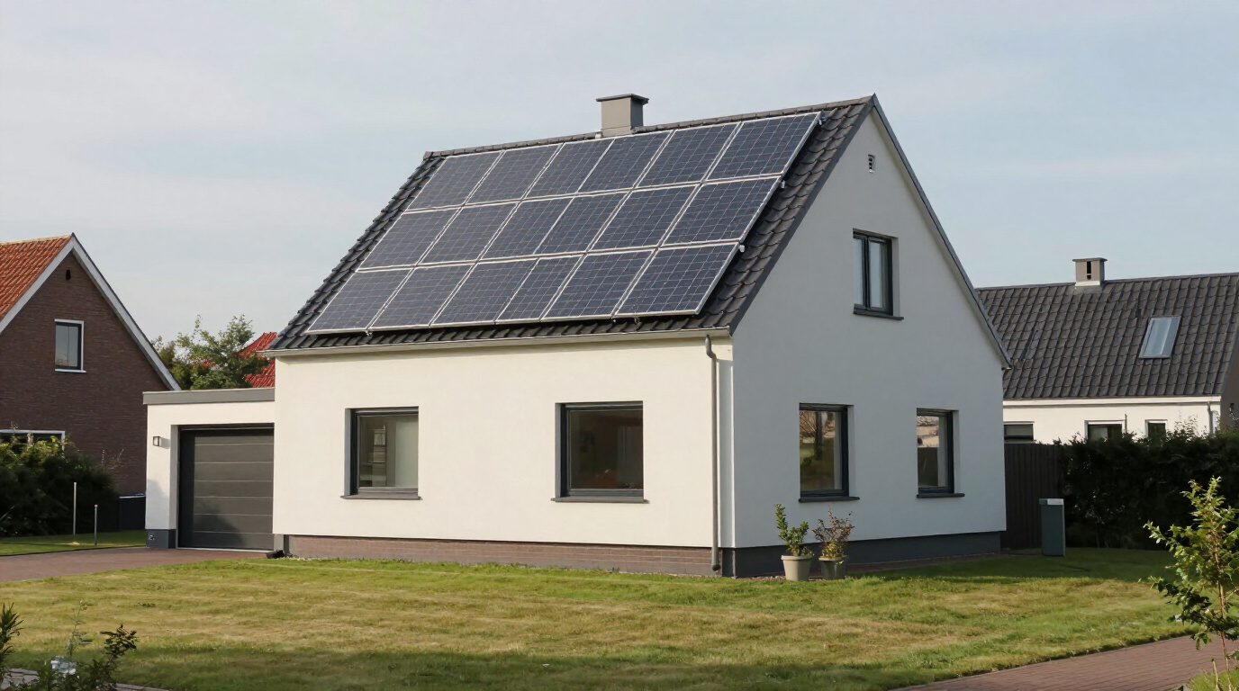 Vrijstaande witte woning met zonnepanelen op het dak en een gesloten garage naast het huis
