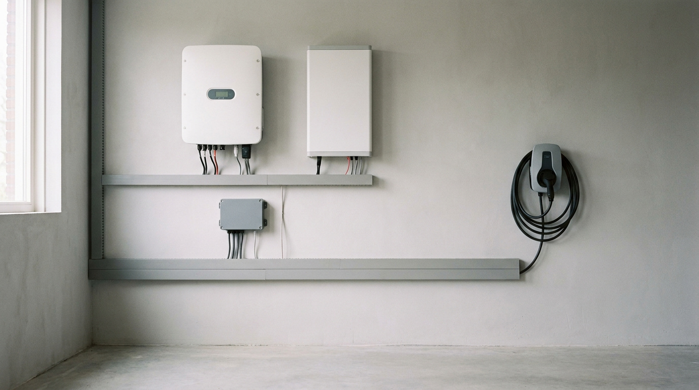 Omvormer, thuisbatterij en een kastje voor energiemanagement aan een garagemuur, met kabelgoten en rechts een laadpaal.