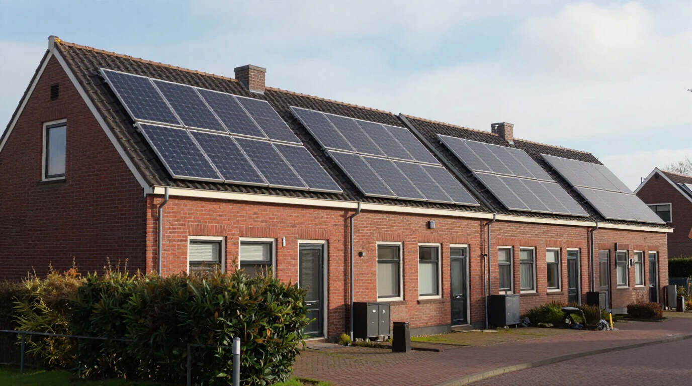 Rij Nederlandse rijtjeshuizen van rode baksteen met zwarte zonnepanelen op de schuine daken.