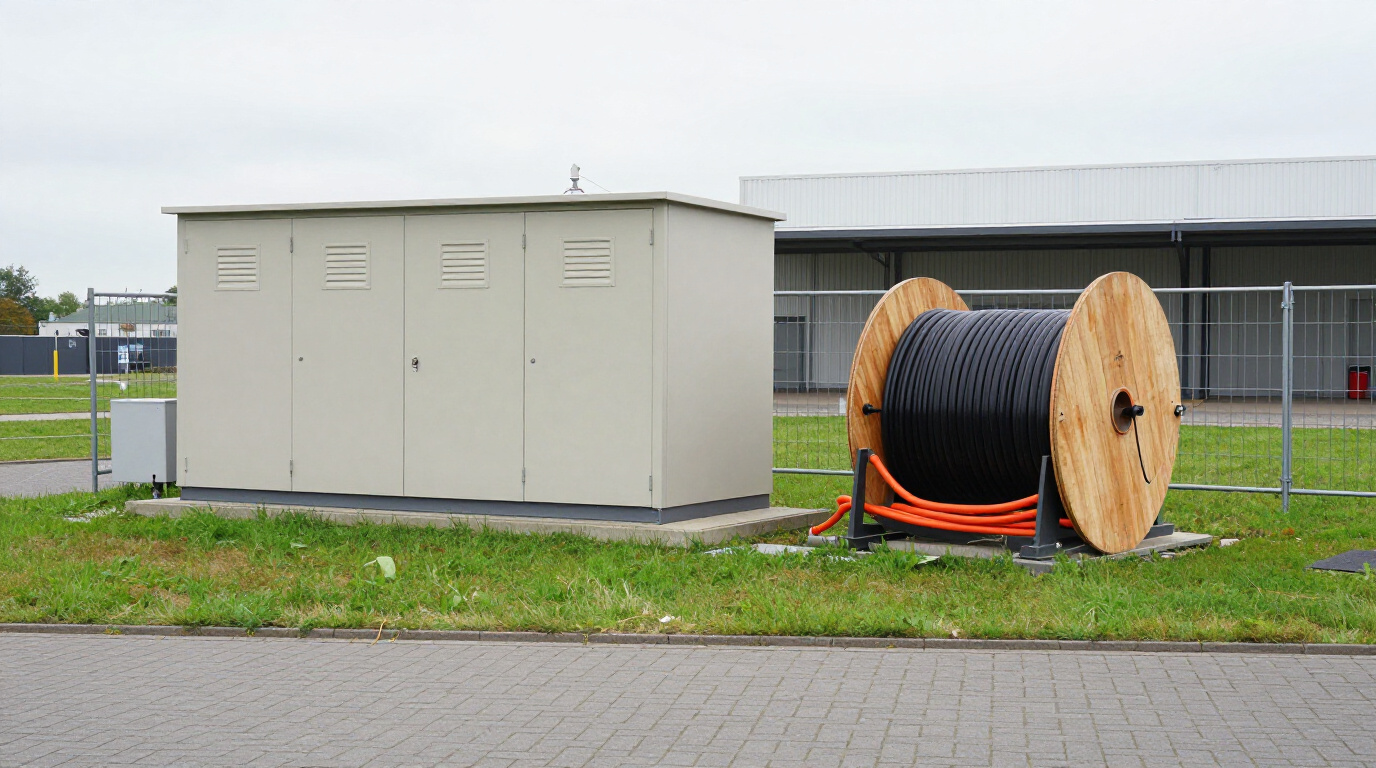 Een gesloten transformatorstation aan de rand van een nieuw bedrijventerrein, met een kabelhaspel en oranje kabelbuizen in het gras.