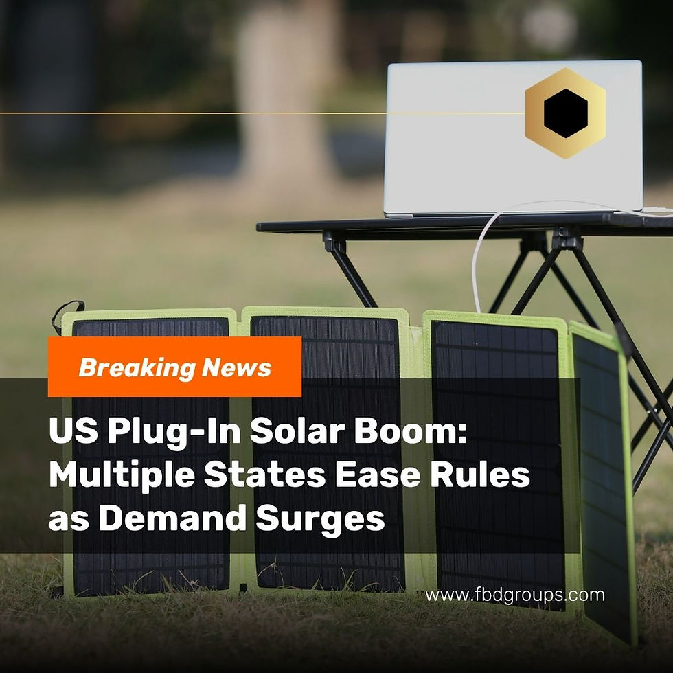 Portable solar panels beside a laptop outdoors, with Breaking News headline about U.S. plug-in solar boom and easing rules.
