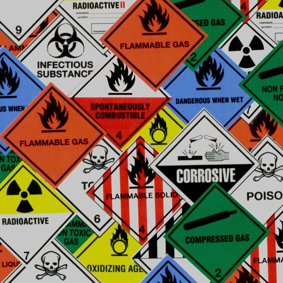 Collage of colorful hazardous material placards, including Flammable Gas, Corrosive, Radioactive, Poison, and Compressed Gas.