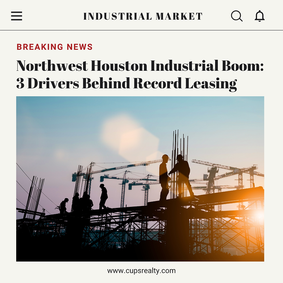 Silhouetted workers on construction site at sunset, cranes in background. Text: Northwest Houston Industrial Boom, Breaking News.