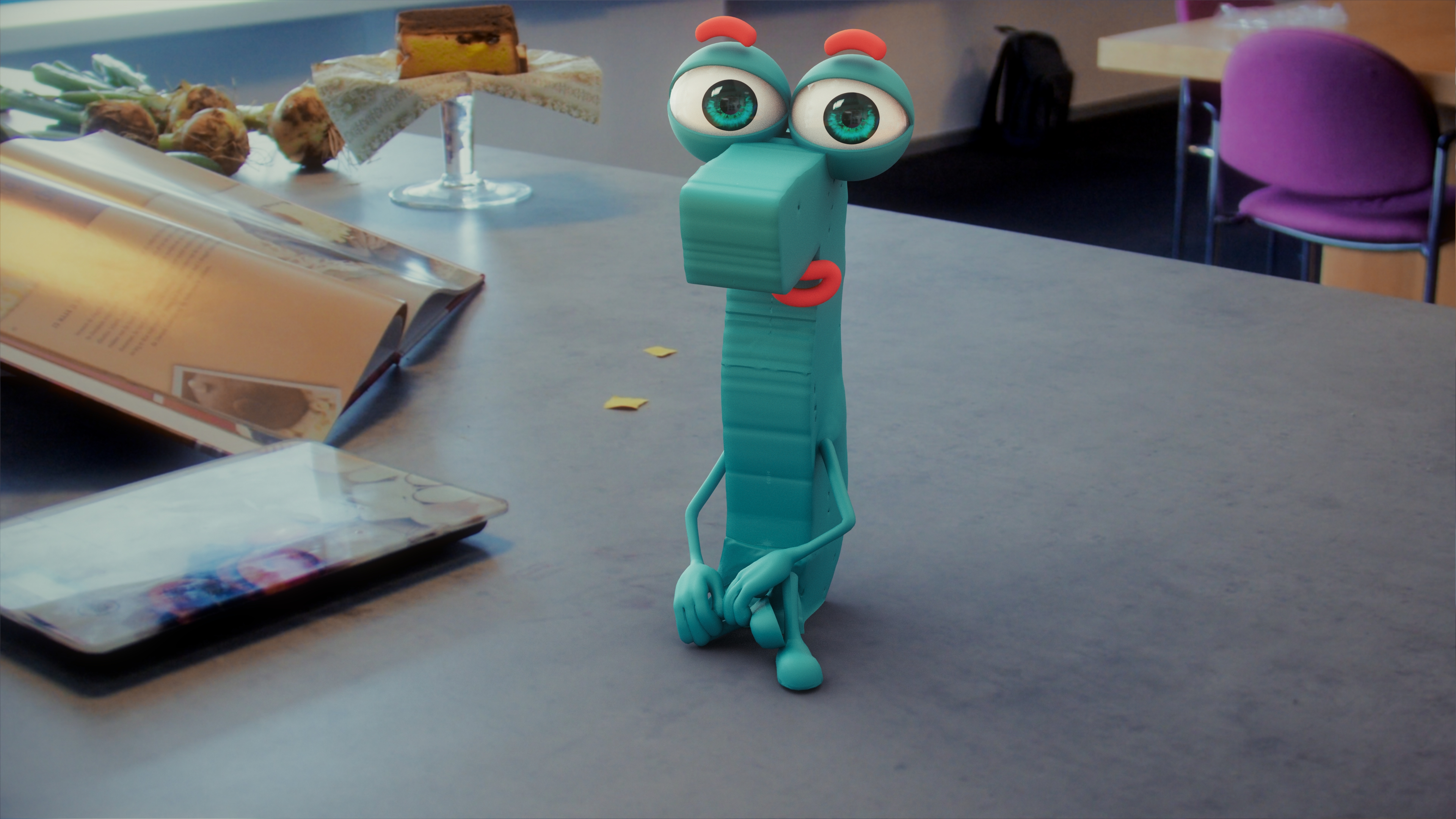 Zevenaardig mascotte zit op de keuken tafel.