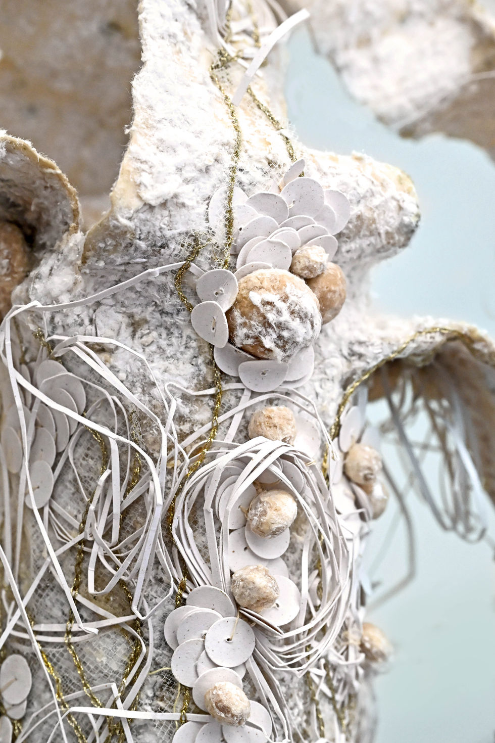 Collaborative paper sculpture by Anna Normand and embroidery artist Alexandra Latour using seaweed-based paper
