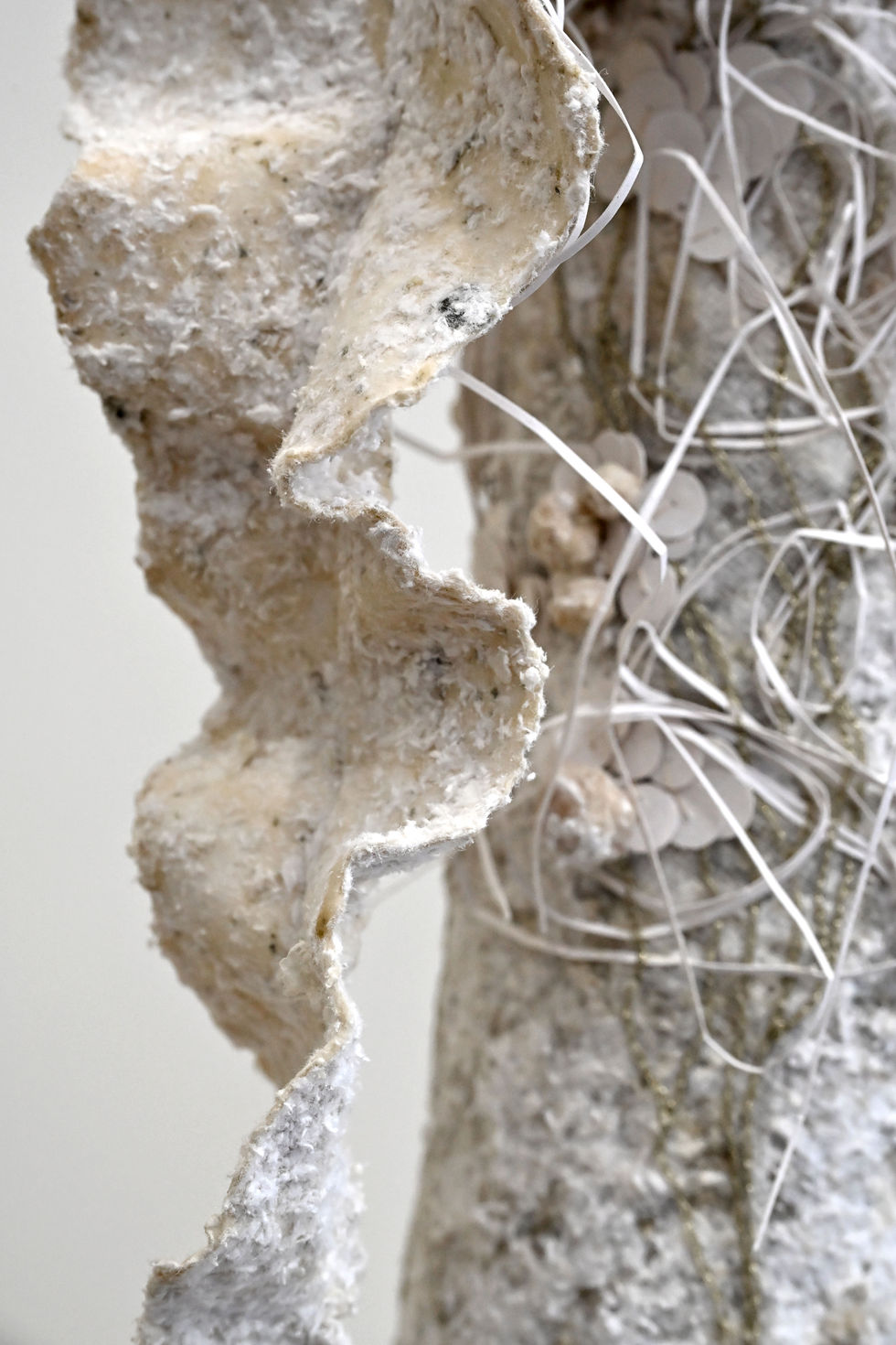 Collaborative paper sculpture by Anna Normand and embroidery artist Alexandra Latour using seaweed-based paper