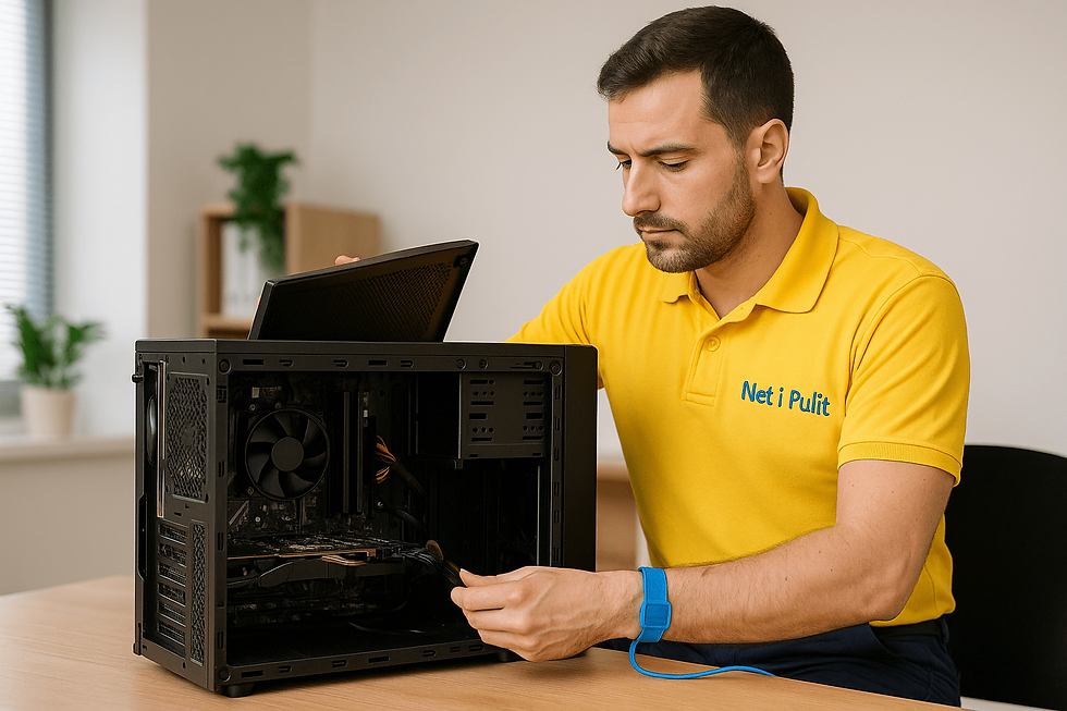 Obertura del panell lateral amb polsera antielectrostàtica connectada al xassís.