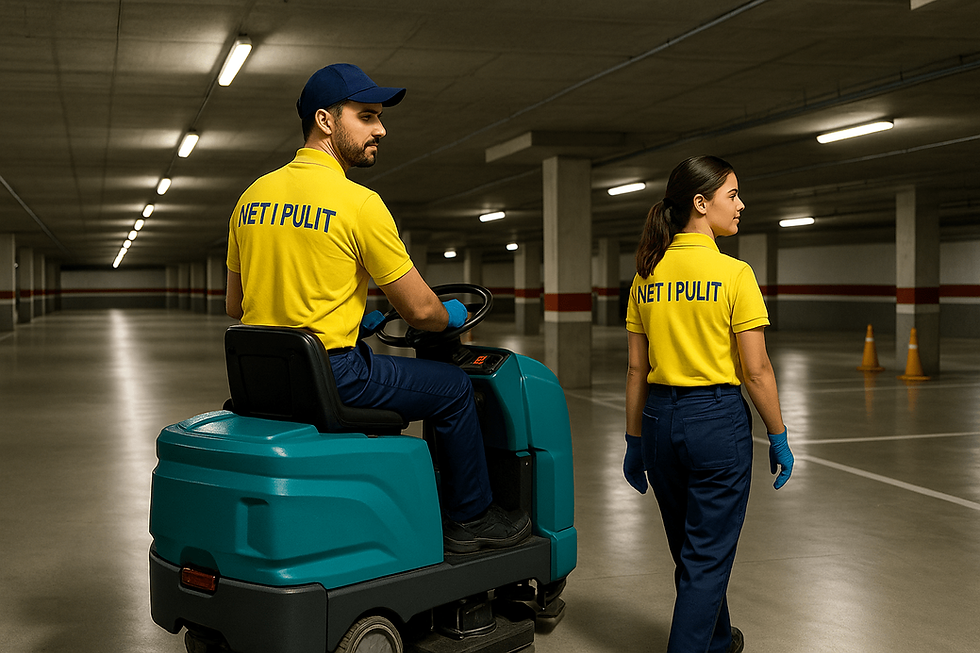 Equip de Net i Pulit netejant un pàrquing subterrani amb fregadora conduïble; uniformes grocs i pantalons blau marí.