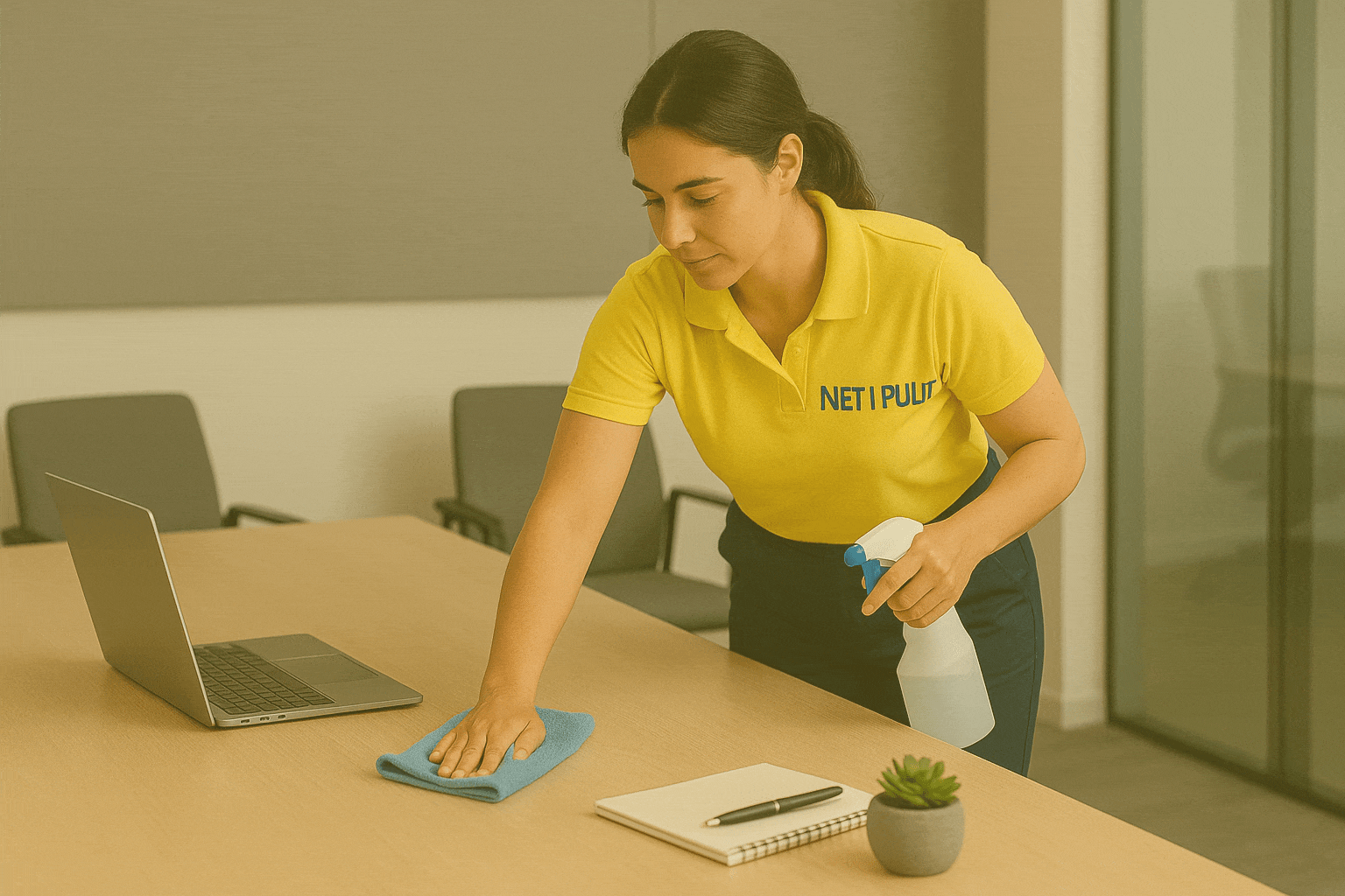 GIF animat: professional de Net i Pulit desinfectant i eixugant una taula de reunió en una oficina.