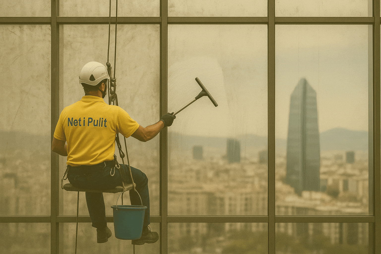 GIF animado: operario de Net i Pulit en trabajos verticales limpiando ventanales con raqueta; skyline al fondo.