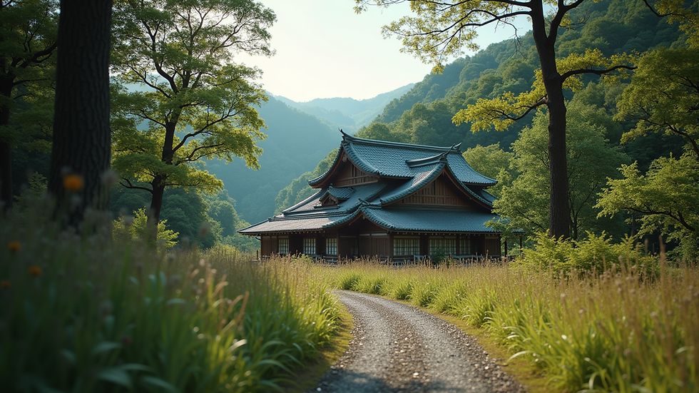Eye-level view of a traditional Japanese rural house surrounded by trees