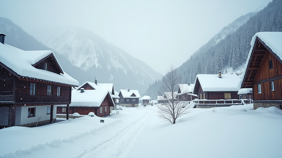 wide angle view of a snow-covered mountain village with wooden houses