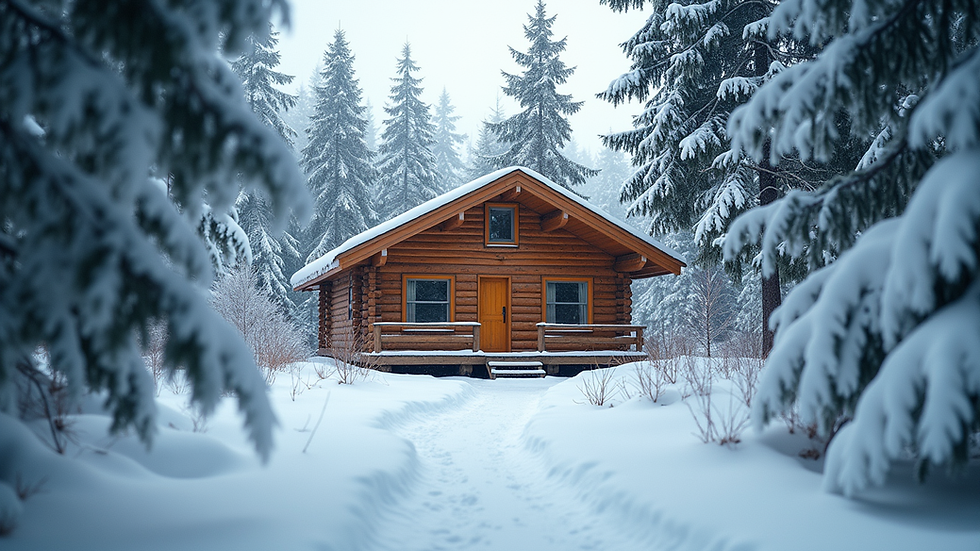 eye-level view of a wooden cabin surrounded by snow-covered pine trees