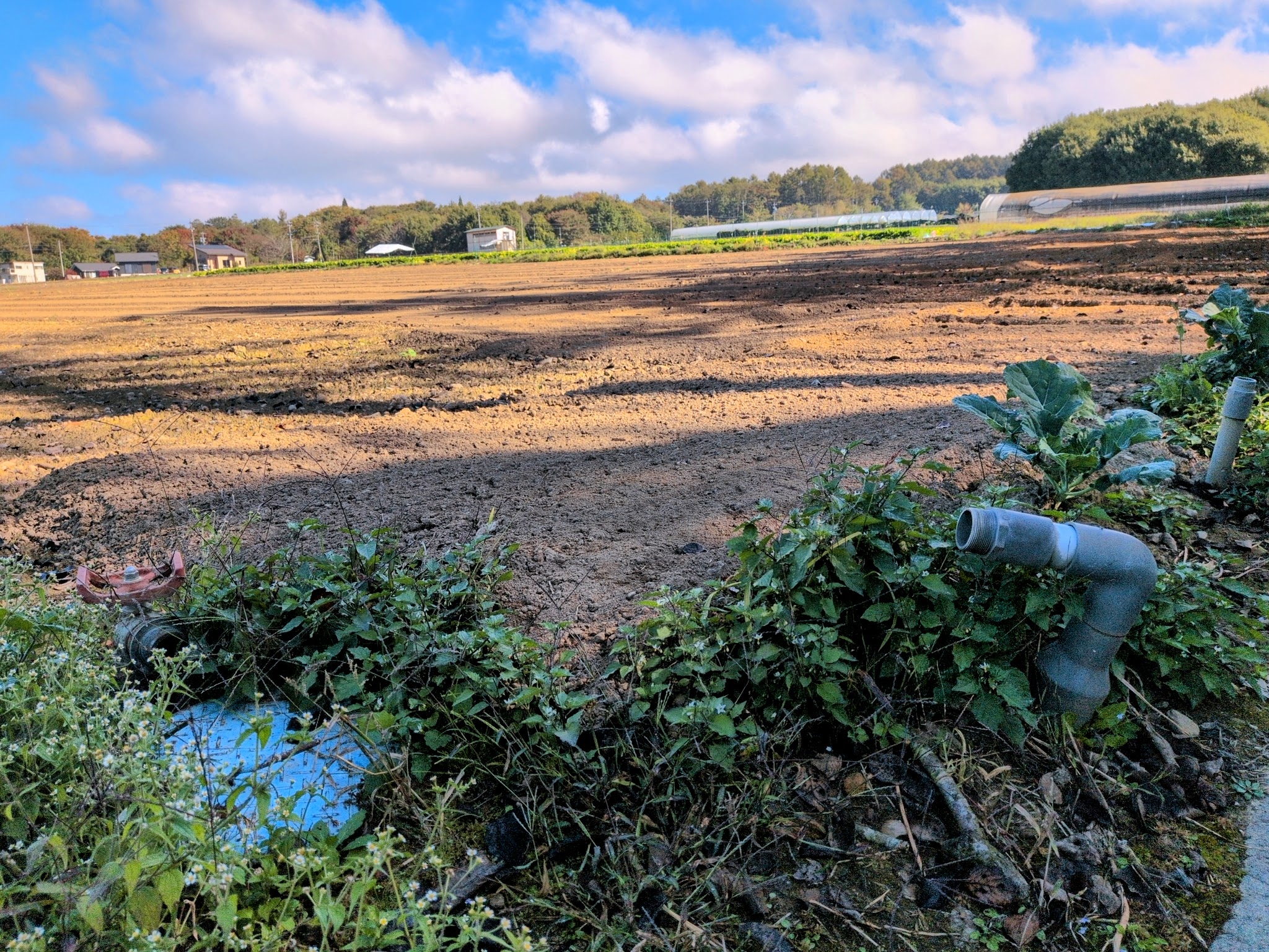 畑際の給水栓と配管