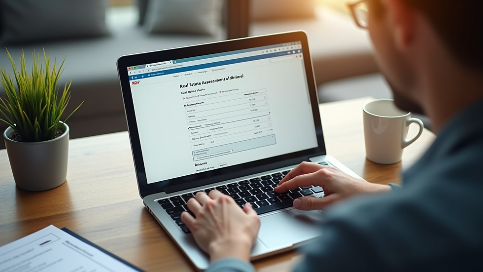 High angle view of a person using a laptop to fill out an online real estate assessment form