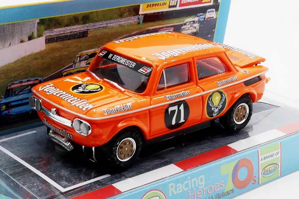 Close-up view of a detailed Bauer slot car with Jägermeister Sponsor.