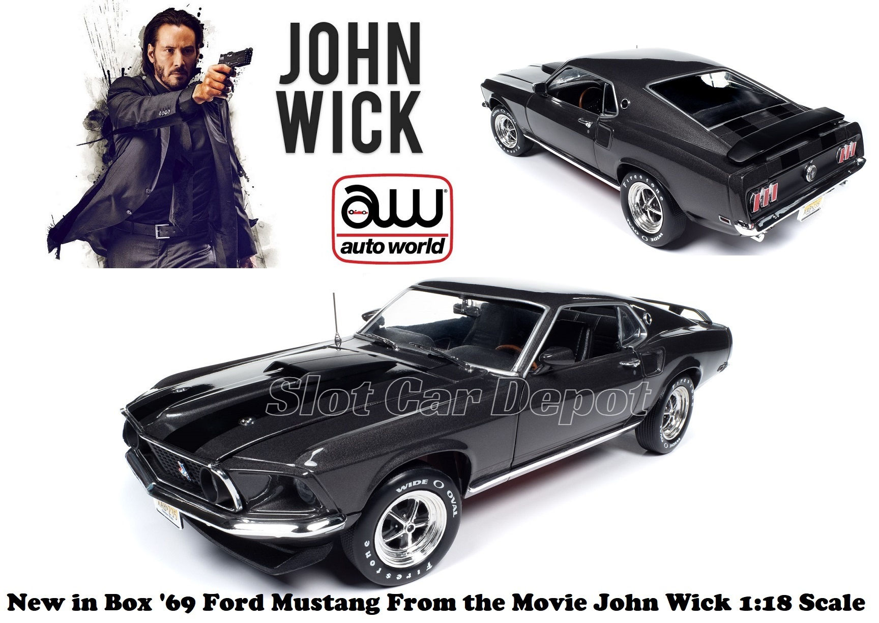 Auto World '69 Ford Mustang Movie (John Wick) 1:18 Scale Diecast Car AWSS145