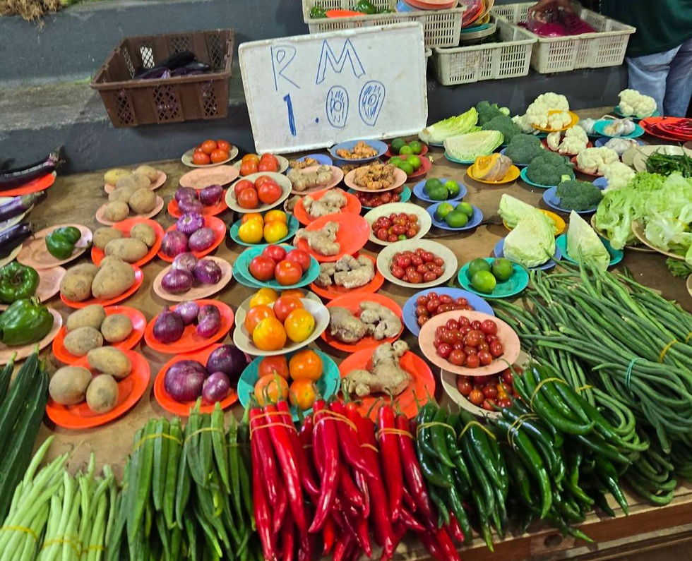 マレーシアのローカル市場で1皿1リンギ(RM1.00)から並べられている新鮮な野菜