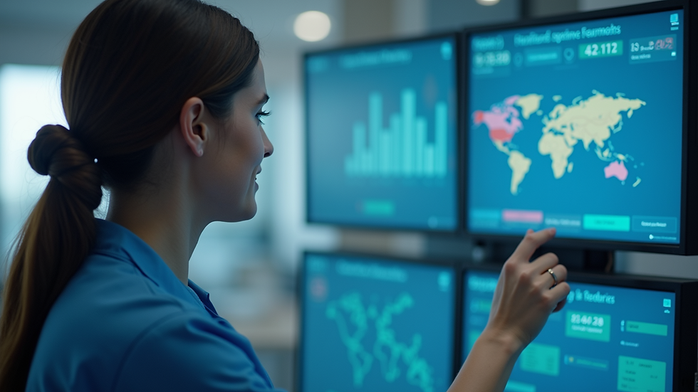 Close-up view of a care leader using a digital dashboard to monitor operations