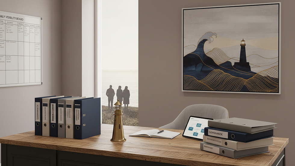 Eye-level view of a care home office with governance documents neatly arranged