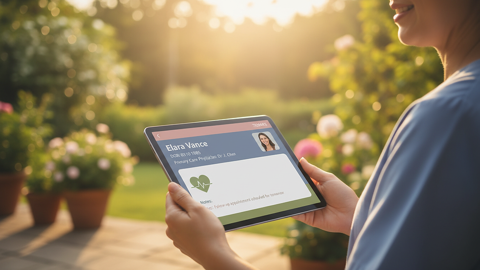 Close-up view of a digital tablet displaying patient care records
