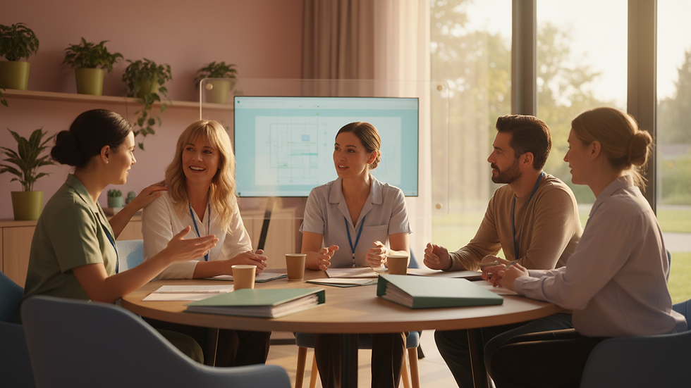 Eye-level view of a modern care facility meeting room with staff discussing plans