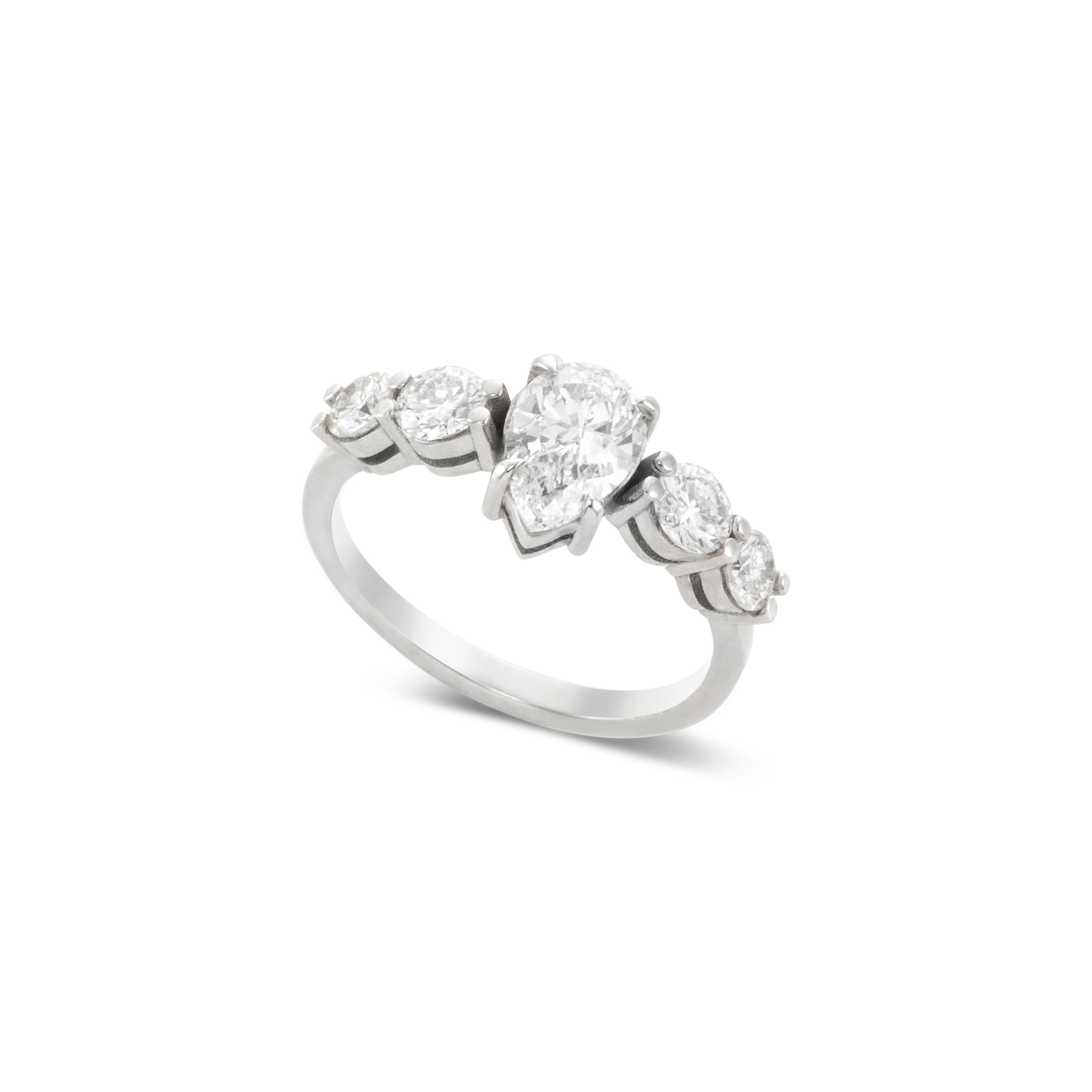 White Gold Pear Diamond Ring with Brilliant Round Accents