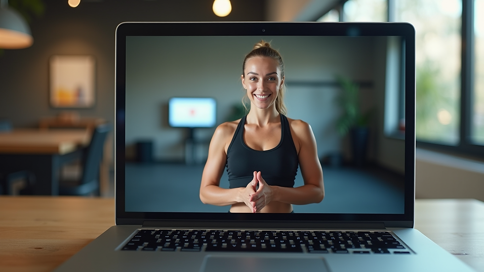 Eye-level view of a laptop showing a virtual fitness coaching session