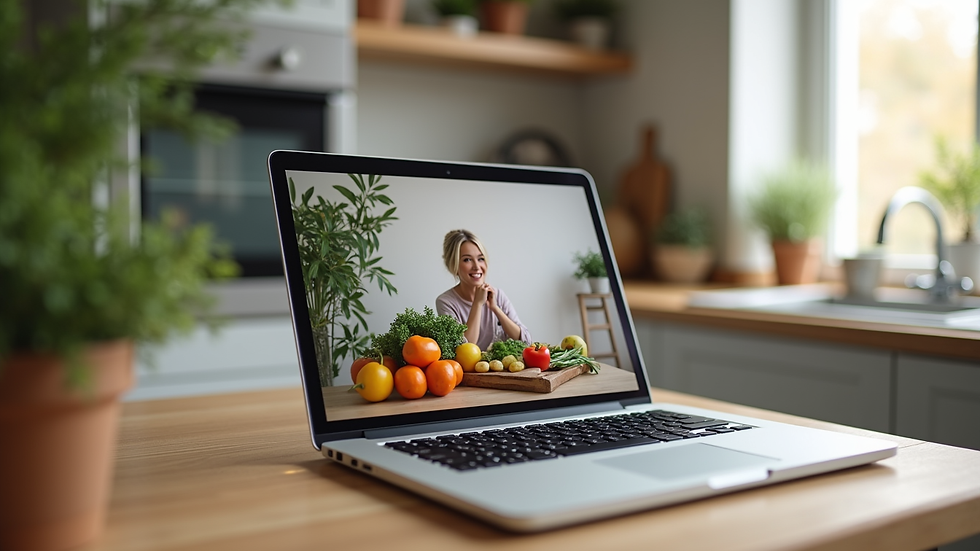 Eye-level view of a laptop on a kitchen table with a virtual nutrition session on screen