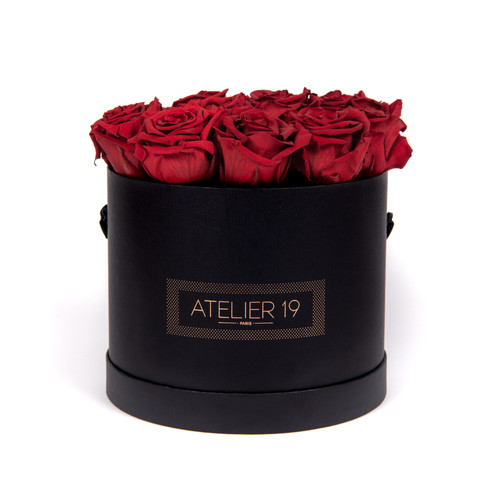 15 Roses Eternelles Carmin Intense Box Ronde Noire XL Atelier19