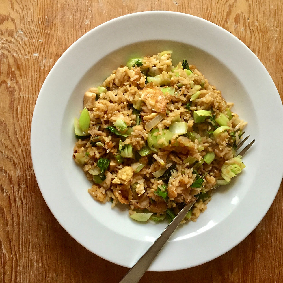 Fried rice is an easy dish to make to recycle leftover food and reduce food waste — this is fried rice with chicken and bok choy