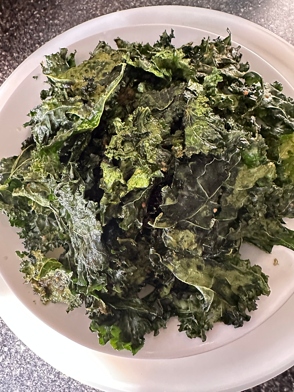 Oven-dried kale chips make a healthy snack