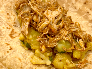 how to make a spicy Jamaican pulled chicken and potato roti at home
