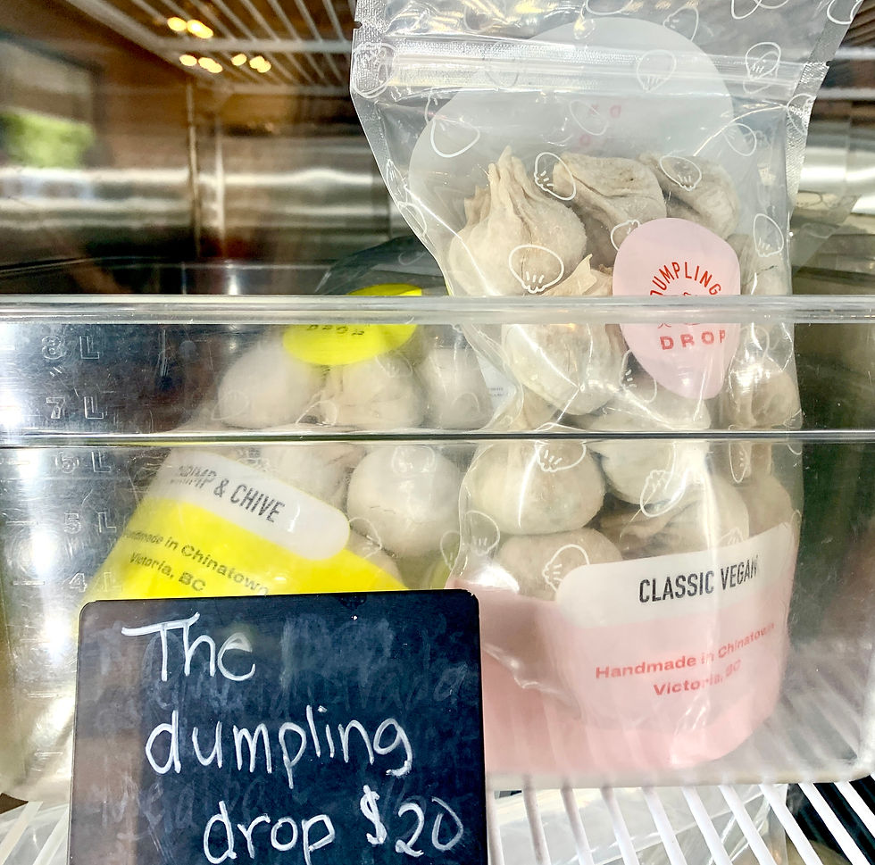 Frozen dumpling, whether chive and pork dumplings or vegan dumplings, are available at the Dumpling Drop shop in Chinatown or at several Victoria retailers, restaurants and pubs