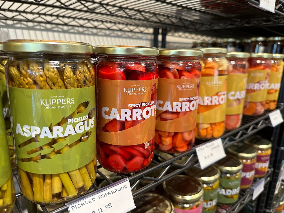 Klippers Organic Acres house label preserves in jars in the farm shop