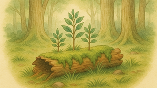 A moss-covered nurse log in an Ozark forest surrounded by young saplings, visually representing the concept of mycorrhizal networks—underground fungal systems that connect trees, share nutrients, and support forest regeneration.