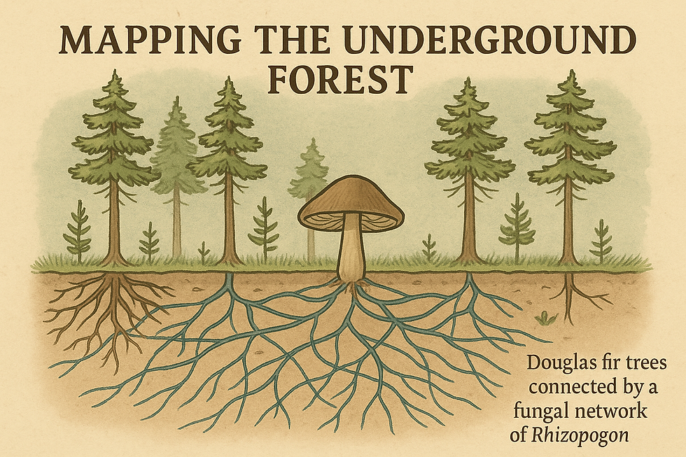 A textured, hand-drawn illustration of a forest cross-section showing trees of various sizes connected by a sprawling underground mycorrhizal network. Fine white threads interweave between roots, visually mapping how one Rhizopogon fungus links nearly 20 Douglas fir trees in a shared nutrient and communication web.